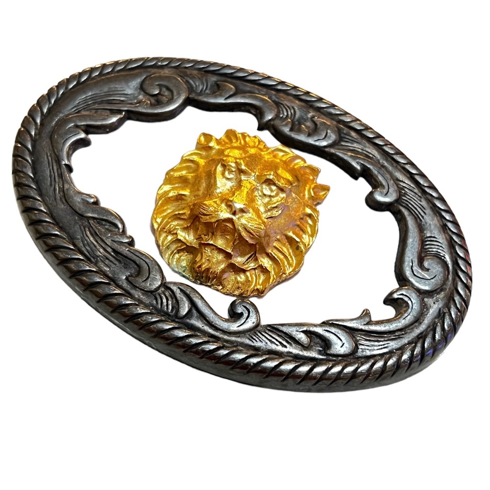 Made In Spain Belt Buckle Gray With Goldtone Lion on White Background